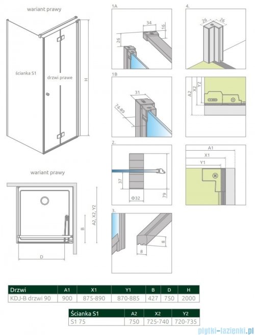 Radaway Nes Black KDJ B kabina 90x75 prawa przejrzyste 10025090-54-01R/10039075-01-01