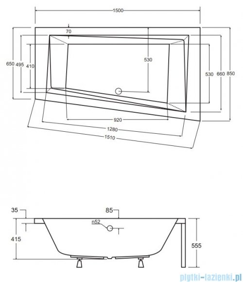 Besco Intima 150x85cm wanna asymetryczna lewa + obudowa + czarny syfon #WAI-150-NLI/#OAP-150-INT/19977 