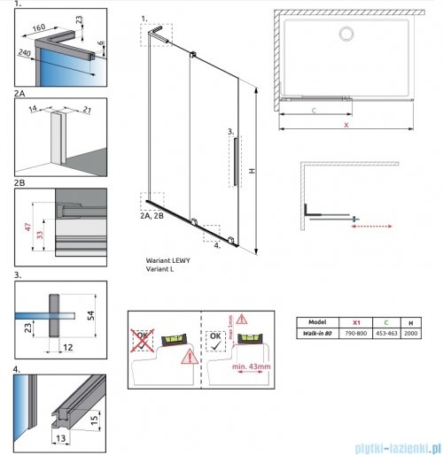 Radaway Furo SL Brushed Copper kabina Walk-in 80x200cm lewa szczotkowana miedź 10306438-93-01L/10110394-01-01