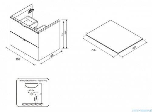 rysunek techniczny Oristo Siena szafka z blatem 80x50x45cm biały połysk OR45-SD2S-80-1/OR00-BU-80-1