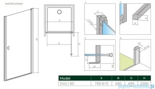 Radaway Nes Dwj I Drzwi wnękowe 80 cm prawe szkło przejrzyste 10026080-01-01R