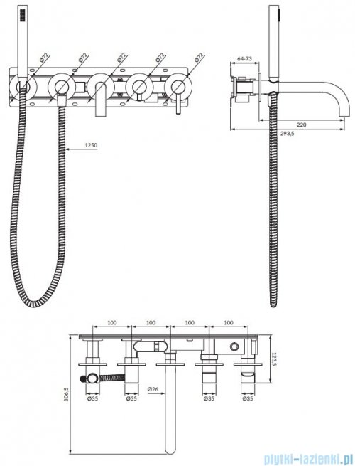 Omnires Y bateria wannowa 5-otworowa podtynkowa z długą wylewką grafit Y1237/1GR