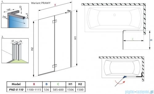 Radaway Essenza 8 SL Brushed GunMetal PND II parawan nawannowy 110cm prawy szczotkowany grafit/przejrzyste 10500110-92-01R
