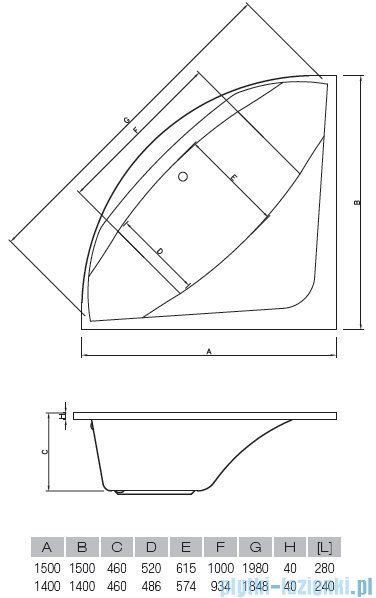 Vayer Bumerang 150x150cm Wanna symetryczna rysunek techniczny