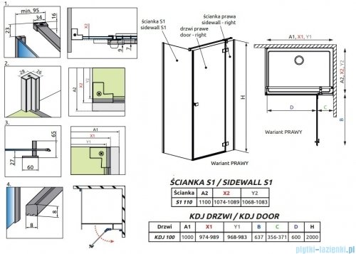 Radaway Essenza 8 Brushed GunMetal Kdj kabina 100x110cm prawa szczotkowany grafit 10480612-01-01R/10470337-92-01R/10113110-01-01