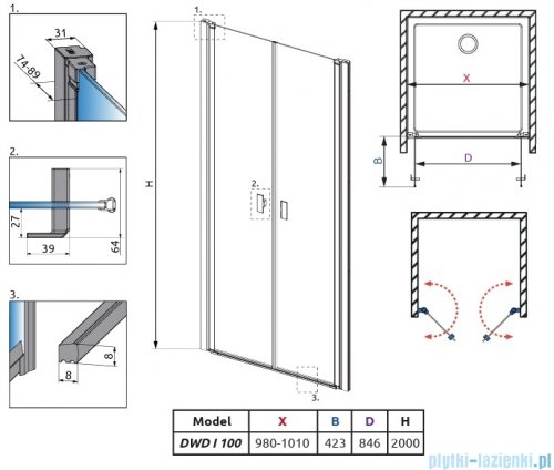 Radaway Nes Brushed Nickel DWD I drzwi wnękowe 100cm szczotkowany nikiel szkło przejrzyste 10027100-91-01