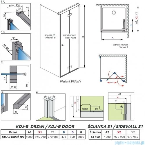 Radaway Nes Kdj B Brushed Nickel kabina 100x100cm prawa szczotkowany nikiel 10025100-91-01R/10039100-01-01