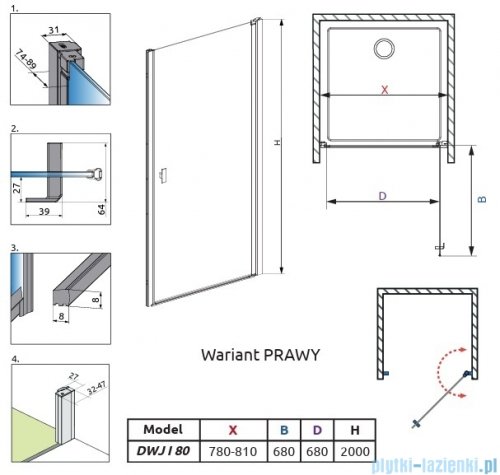 Radaway Nes Brushed Light Gold Dwj I Drzwi wnękowe 80cm prawe szczotkowane jasne złoto szkło przejrzyste 10026080-98-01R