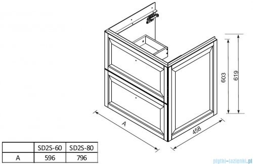 rysunek techniczny Oristo Montebianco szafka z blatem 80x60x46 biały mat OR47-SD2S-80-2/OR00-BU-80-2