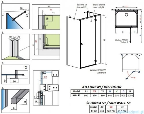 Radaway Essenza Brushed Gold Kdj+S kabina 75x90x75cm prawa szczotkowane złoto 1384049-01-01/1385020-99-01R/1384049-01-01