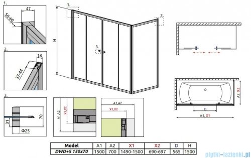 Radaway Vesta DWD+S Parawan nawannowy 150x70cm szkło fabric 203150-06/204070-06