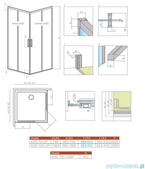 Radaway Idea 6 Kdd Brushed Light Gold kabina 70x100cm szczotkowane jasne złoto 387065-98-01L/387062-98-01R
