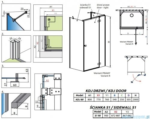 Radaway Essenza Brushed Nickel Kdj+S kabina 90x80x90cm prawa szczotkowany nikiel 1384050-01-01/1385021-91-01R/1384050-01-01