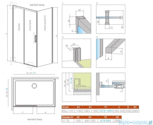Radaway Idea 8 Kdj kabina 110x70cm lewa szkło przejrzyste 10340570-01-01L/10350503-01-01/10360070-01-01R