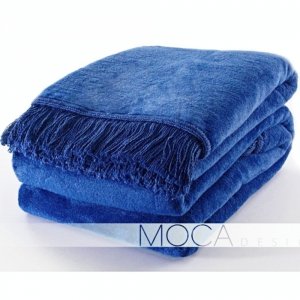 Koc Moca Design / frędzle - niebieski royal