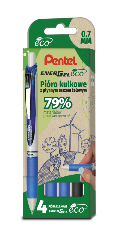 Pióro kulkowe ENERGEL 3x niebieski, 1x czarny komplet 4sztuk BL77E PENTEL
