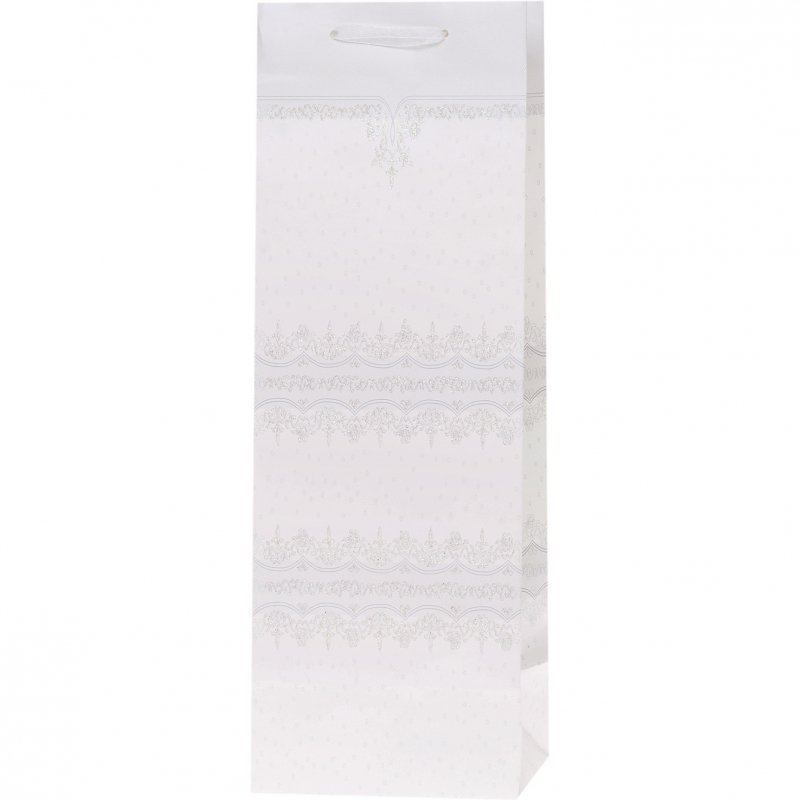Torebka prezentowa 12x36x10cm na butelkę Lux Biała z brokatem BB ROZETTE