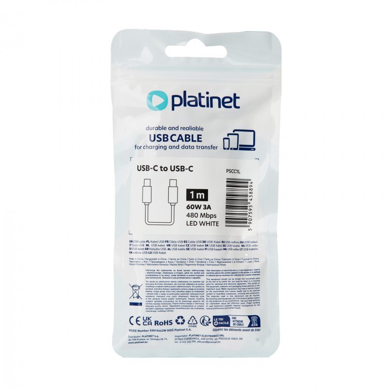 Kabel USB-C -&gt; USB-C 1m 3A 60W LED biały PLATINET (45889)