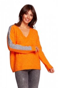 BK093 Sweter w serek z kontrastowymi lampasami - jasnopomarańczowy