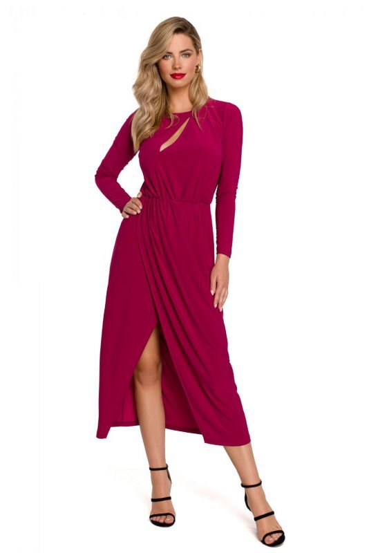 K139 Długa sukienka z rozcięciem w dekolcie - rubin