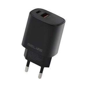 Ładowarka sieciowa Beline 30W 1xUSB-C + 1xUSB GaN PD 3.0 QC 3.0 bez kabla - czarna