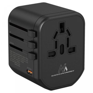 Adapter podróżny Maclean MCE238N zasilacz USB, 2xUSB 2,4A + USB-C PD 20W, Bezpiecznik 8A, Quick and Fast Charge, 200 krajów świa