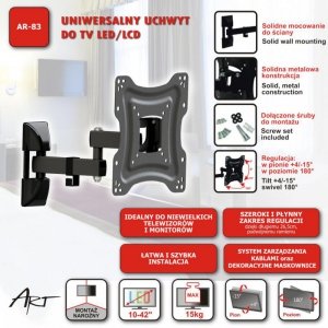 UCHWYT DO TV LCD/LED 10-42 15KG AR-83 ART reg.pion/poziom 26,5cm