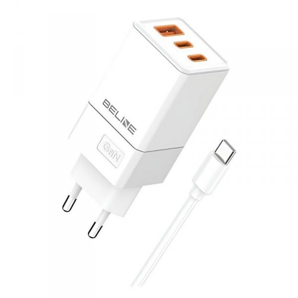 Ładowarka sieciowa Beline 65W GaN 2xUSB-C PD 3.0 + 1xUSB-A QC 3.0 +kabel USB-C - biała