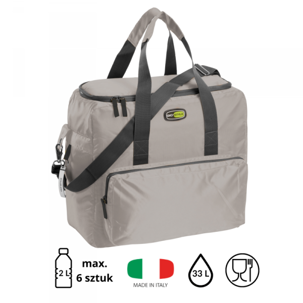 Torba termiczna Kamai Gio Style na ramię, pastelowy szary, z kieszeniami i rączką do noszenia, pojemność 33L