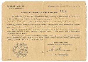 KARTA powołania wystawiona Marii J. Selsowej potwierdzająca wyznaczenie jej do pełnienia funkcji w organach obrony przeciwlotniczej i przeciwgazowej, dn. 2 IX 1939 w Warszawie.