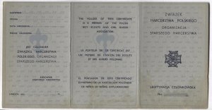 [HARCERSTWO polskie na emigracji]. Niewypełniony trójdzielny blankiet legitymacyjny Organizacji Starszego Harcerstwa ZHP, Londyn, lata 60.?