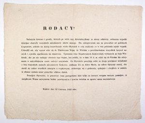 RODACY! Nadużycia i gwałty, których po wiele razy doświadczyliśmy ze strony żołnierzy, zwłaszcza wypadki dzisiejsze oburzyły wszystkich mieszkańców miasta naszego [...]. Uproszono więc Deputowanych Krakowskich [...], aby [...] bez zwłoki [...] udali się d