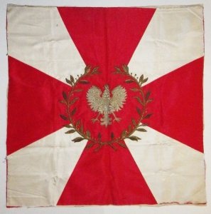 [SZTANDAR]. Nieukończony sztandar pułkowy (jeden jego płat) zaprojektowany wg wzoru wojskowego, zapewne dla pułku piechoty. [194-?].