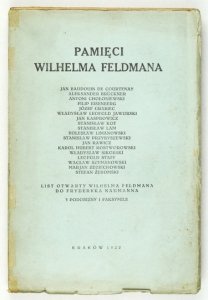 [FELDMAN Wilhelm]. Pamięci Wilhelma Feldmana. [...] 3 podobizny i faksymile.