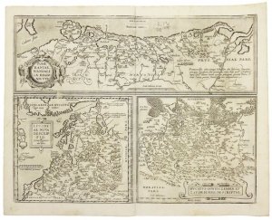 [POMORZE, INFLANTY, KSIĘSTWO OŚWIĘCIMSKO-ZATORSKIE]. Pomeraniae, Wandalicae regionis. typ.; Livoniae nova descriptio; Dvcatvs Oswieczensis, et Zatoriensis, descriptio. Trzy miedzioryty form. 16,2x49,8, 21,8x24,4 i 21,8x24,3 cm na wspólnym arkuszu.