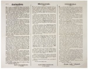OBWIESZCZENIE. Jego Ces. Król. Wysokość Arcyksiążę Ferdynand Maksymilijan raczył w celu wystawienia pomnika, któryby [...] godnie świadczył o wdzięczności i radości mieszkańców Cesarstwa Austryjackiego z powodu szczęśliwego ocalenia Jego Ces. Król. Aposto