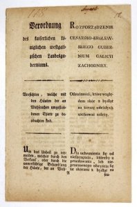 ROZPORZĄDZENIE Cesarsko-Królewskiego Gubernium Galicyi Zachodniey. Ostrożności, które względem skór z bydląt na zarazę odeszłych zachować należy [...].
