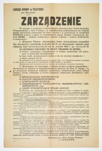 ZARZĄDZENIE. W związku z podanym w obwieszczeniu Dowódcy S.S. i Policji Dystryktu Warszawskiego [...] zarządzeniem, nakładającym na ludność polską obowiązek zapłacenia [...] kontrybucji w wysokości 1000.000.000 złotych [...] ustalam następujący sposób roz