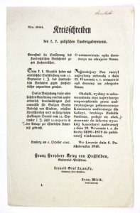 KREISSCHREIBEN des k.k.galizischen Landesguberniums. O ustanowieniu sądu doraźnego na zdrajców Stanu [...]  Lwów, 6 X 1846