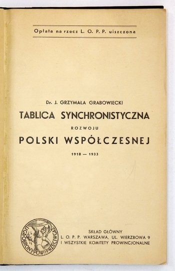 GRZYMAŁA-GRABOWIECKI Jan - Tablica synchronistyczna rozwoju Polski współczesnej 1918-1933.