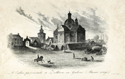[ŻÓŁKIEW]. L'Eglise paroissiale à Zolkiew em Galicie (Russie rouge). Staloryt form. ca 13,5x21 na ark. 20,1x26,4 cm.