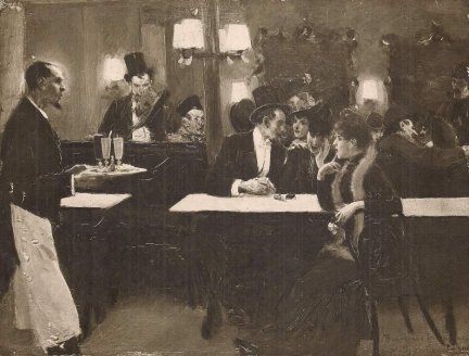 [DĘBICKIStanisław - Kawiarnia paryska z 1890 - fotografia reprodukcyjna]. [przełom XIX/XX w.]. Fotografia form. 15,6x20,5 cm nieznanego autorstwa.