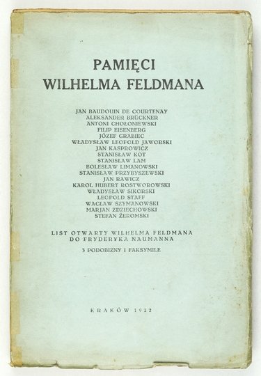 [FELDMAN Wilhelm]. Pamięci Wilhelma Feldmana. [...] 3 podobizny i faksymile.