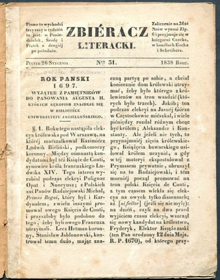 Zbieracz Literacki. [R.2], nr 31: 26 I 1838.