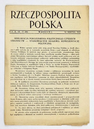 RZECZPOSPOLITA Polska. Warszawa. [Delegatura Rządu]. Dwutygodnik konspiracyjny. R. 3, nr 15 (66): 30 VIII 1943. 