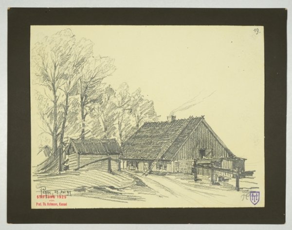 [PRUSY Wschodnie]. T. Hofmann z Kassel - Zbiór 15 odręcznych rysunków dokumentujących zabudowania wiejskie Prus Wschodnich z 1897.