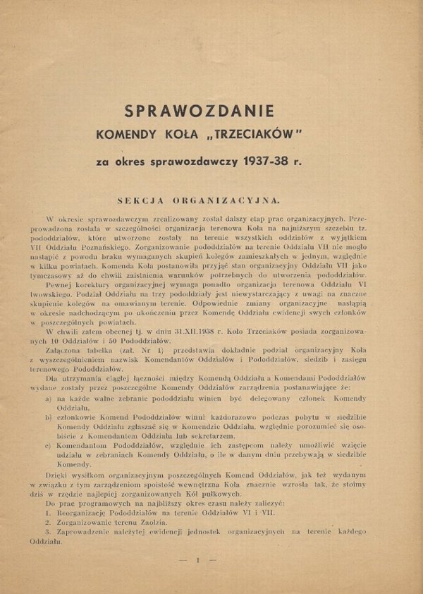 SPRAWOZDANIE Komendy Koła &quot;Trzeciaków&quot; za okres sprawozdawczy 1937-38 r. [Warszawa 1938]. Gł. Druk. Wojsk. 