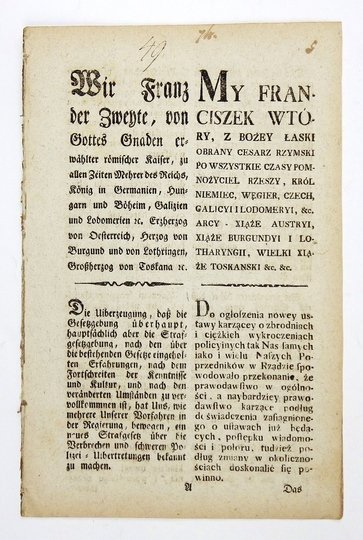 MY FRANCISZEK Wtory [...]. Do ogłoszenia nowey ustawy karzącey o zbrodniach i ciężkich wykroczeniach policyinych. 3 IX 1803