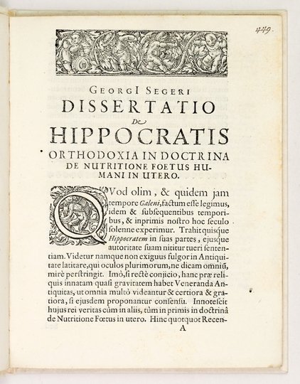 SEGER Georg (Thoruniensis) - Dissertatio inauguralis de Hippocratis orthodoxia in doctrina de nutritione foetus humani in utero.