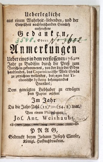 WEISHAUBT Jos[eph] Ant[on] - Ueberlegliche aus einem Wahrheit-liebenden, und der Gewissheit nachforschenden Gemüth entsprossene Gedanken [...]